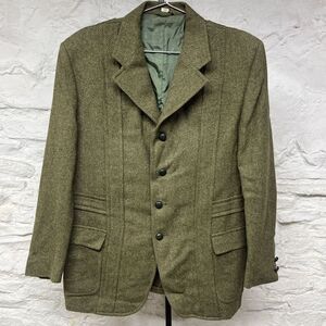 Vintage 1950s 50s Brent Green Herringbone Wool Tweed Lined Car Coat 38 Regular